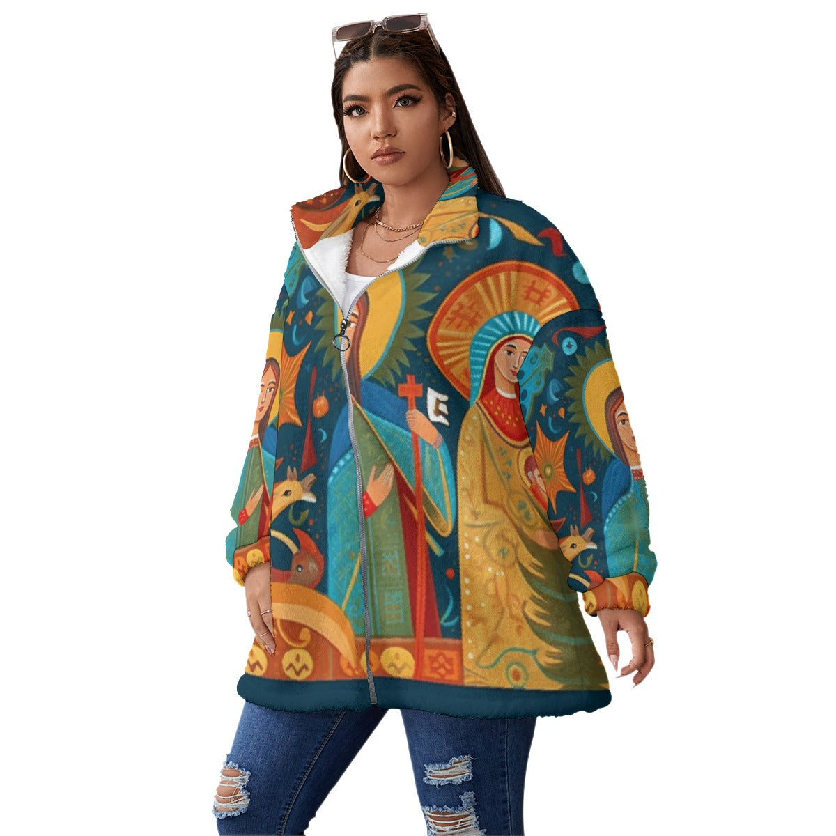All-Over Print Unisex Borg Fleece Stand-up Collar Coat With Zipper Closure(Plus Size)