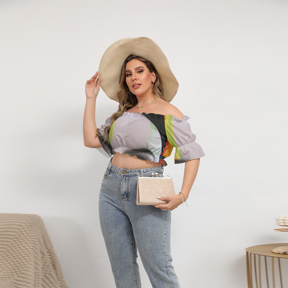 All-Over Print Women's Off-shoulder Cropped Top With Short Puff Sleeve