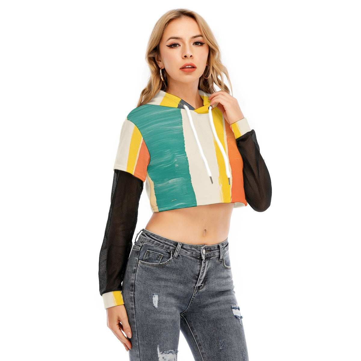 All-Over Print Women's Fake Two-piece Mesh Sleeve Cropped Hoodie