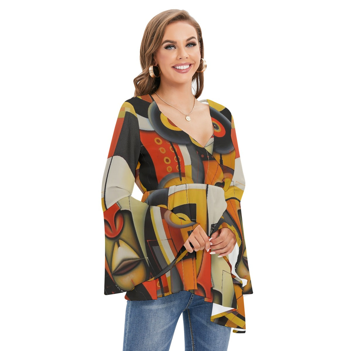 All-Over Print Women's V-neck Blouse With Flared Sleeves