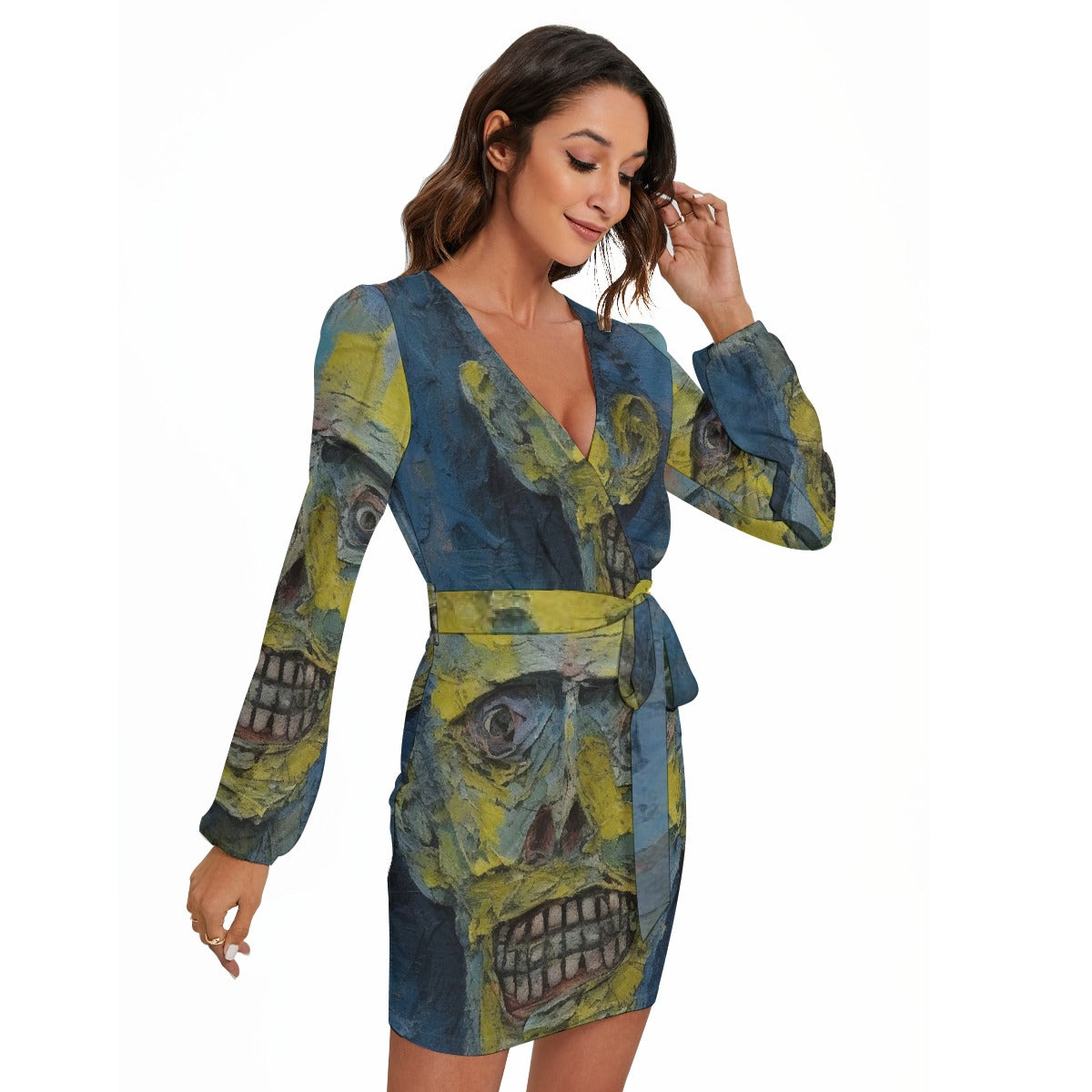 All-Over Print Women's Long Sleeve Dress With Waist Belt