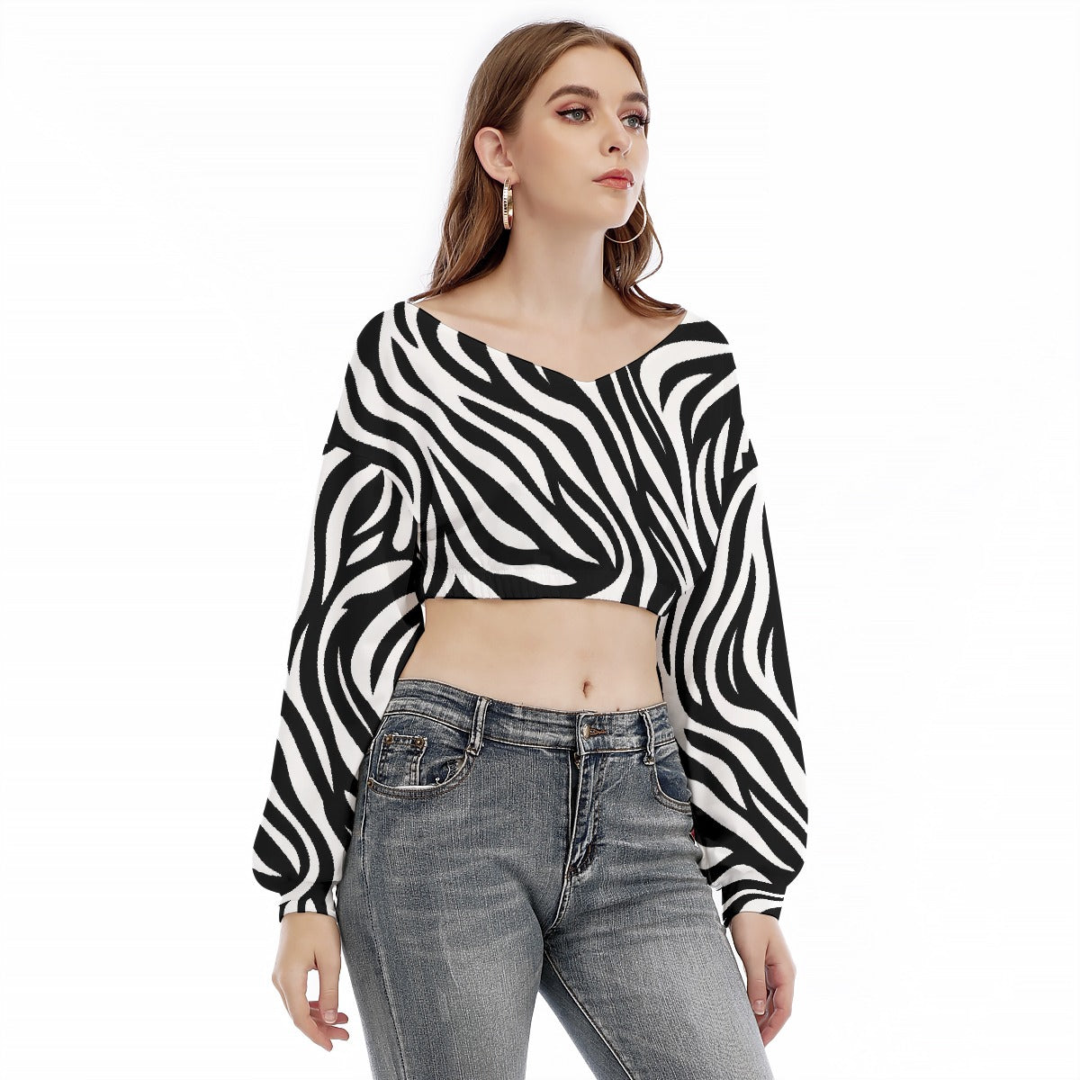All-Over Print Women's V-neck Long Sleeve Cropped Sweatshirt