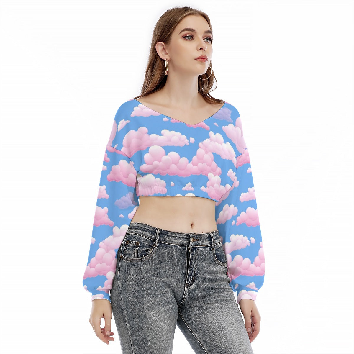 All-Over Print Women's V-neck Long Sleeve Cropped Sweatshirt
