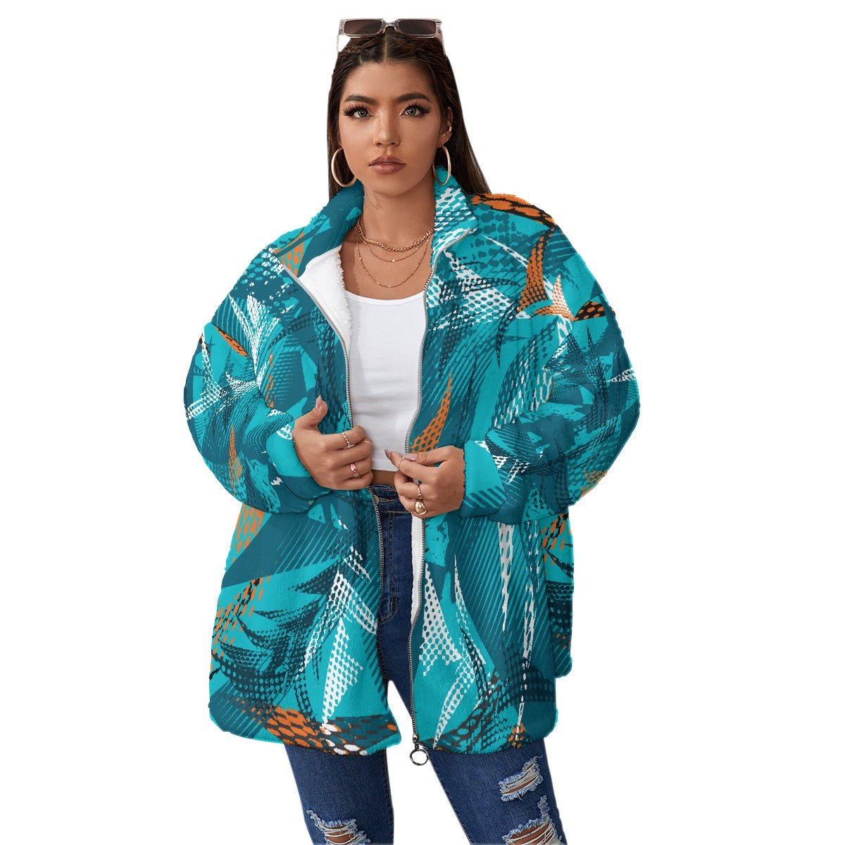 All-Over Print Unisex Borg Fleece Stand-up Collar Coat With Zipper Closure(Plus Size)