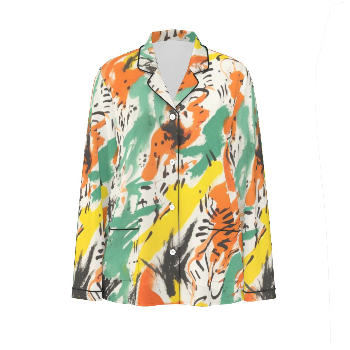 All-Over Print Women's Long Sleeve Pajama Set With Black Contrast Piping