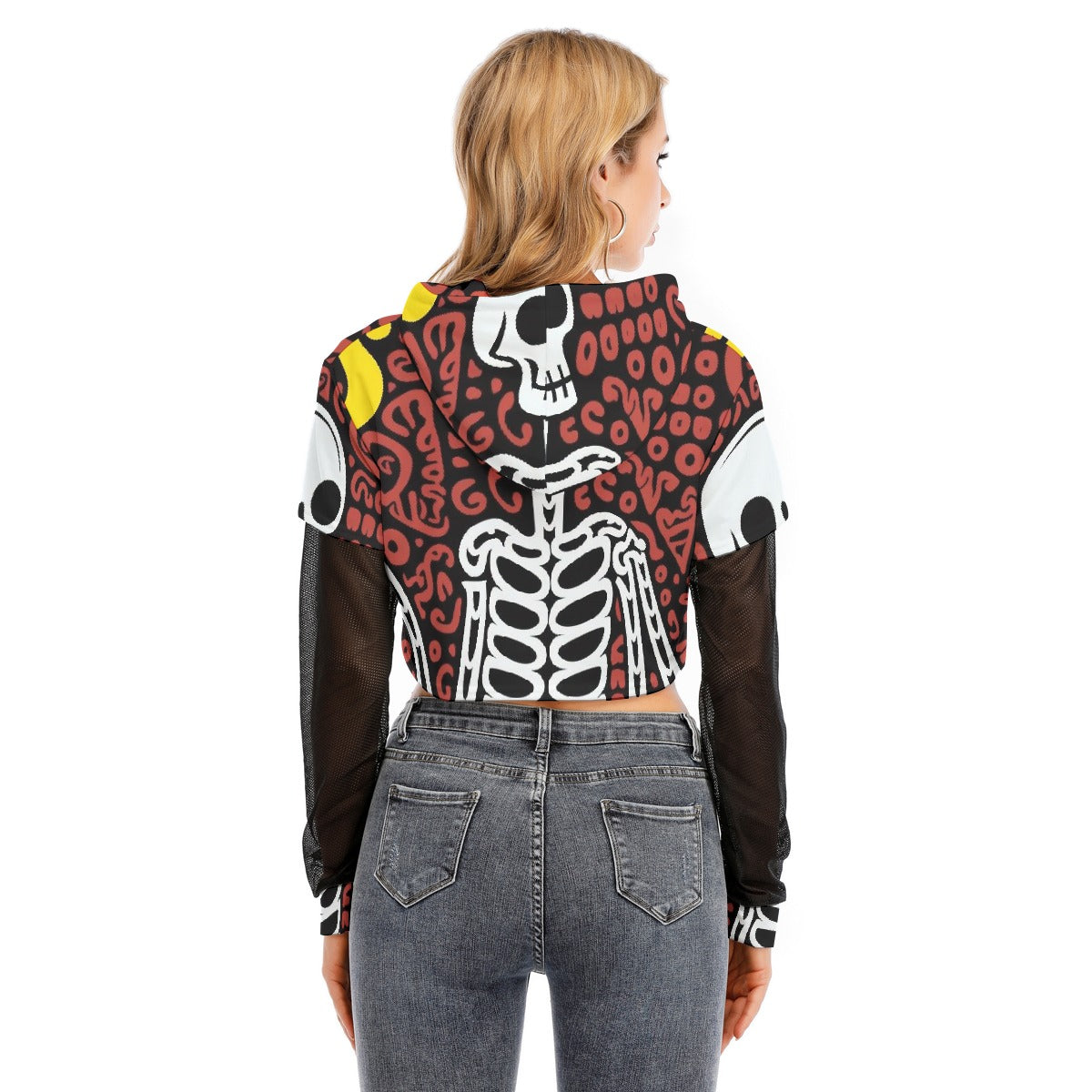 All-Over Print Women's Fake Two-piece Mesh Sleeve Cropped Hoodie