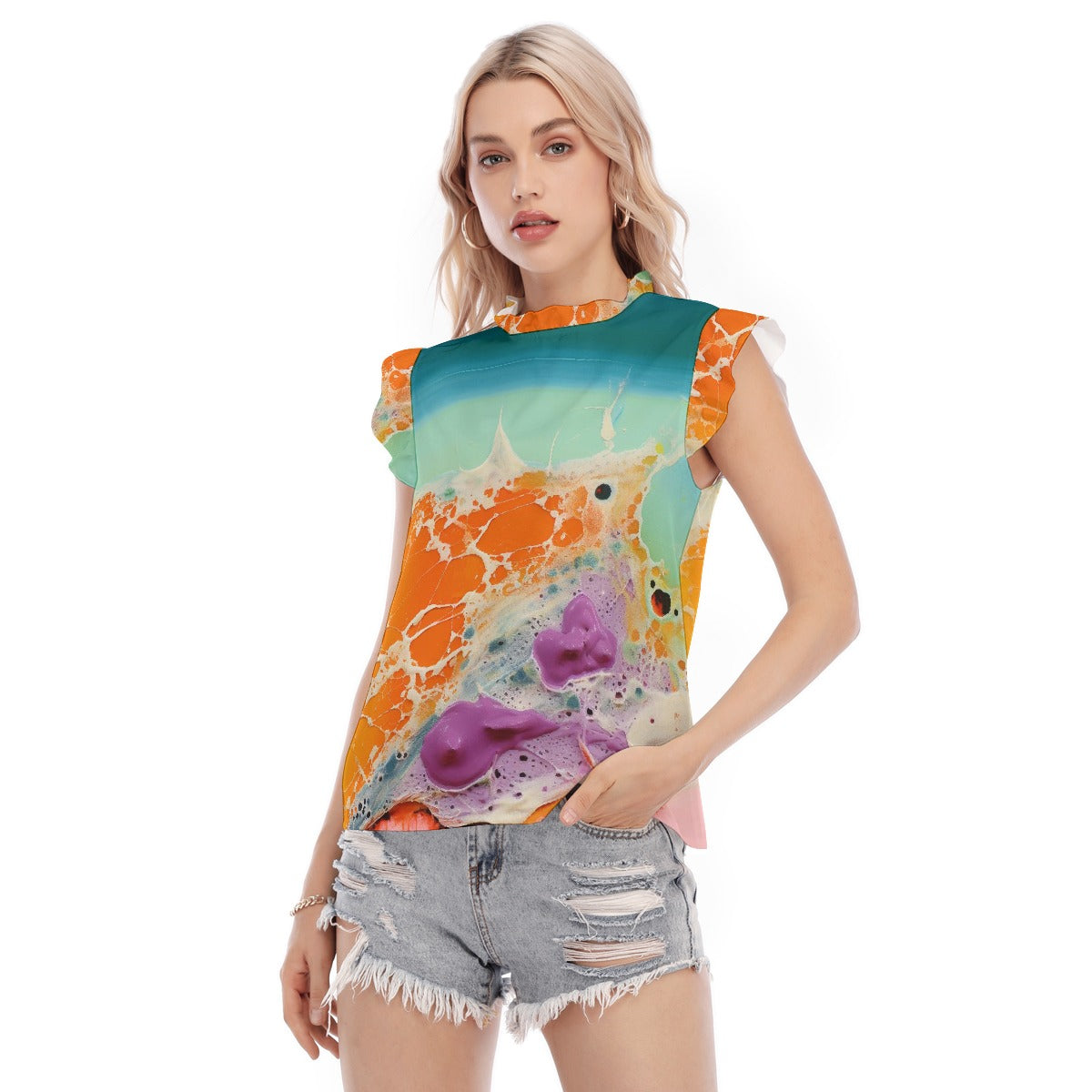 All-Over Print Women's Blouse With Ruffle Collar And Sleeve