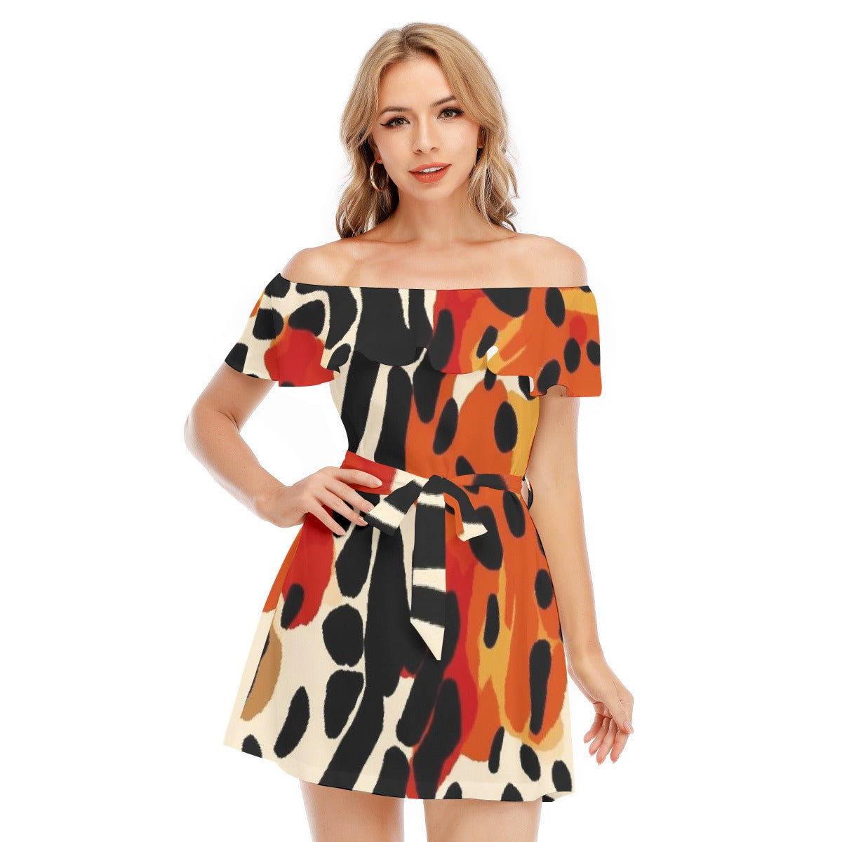All-Over Print Women's Off-shoulder Dress With Ruffle
