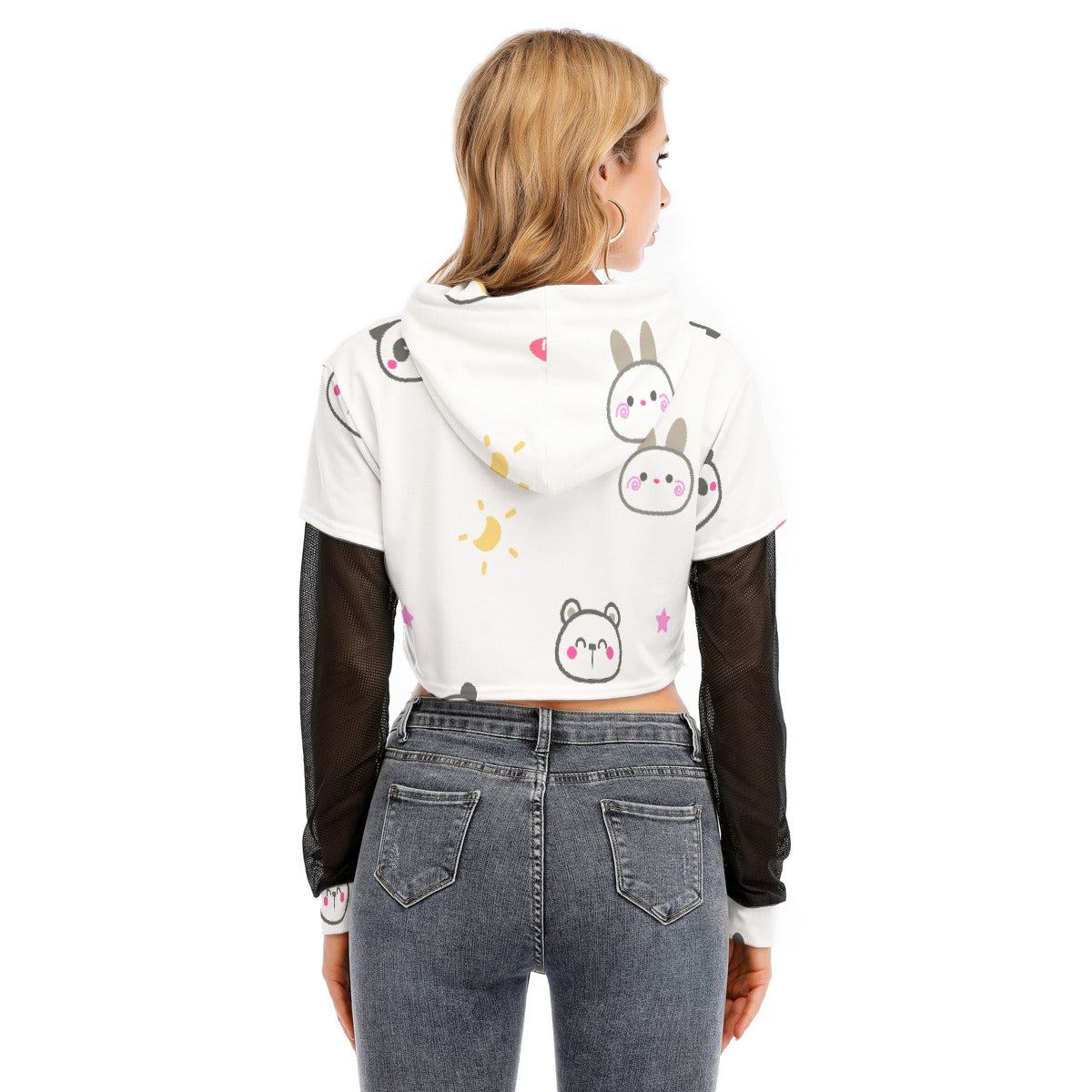 All-Over Print Women's Fake Two-piece Mesh Sleeve Cropped Hoodie