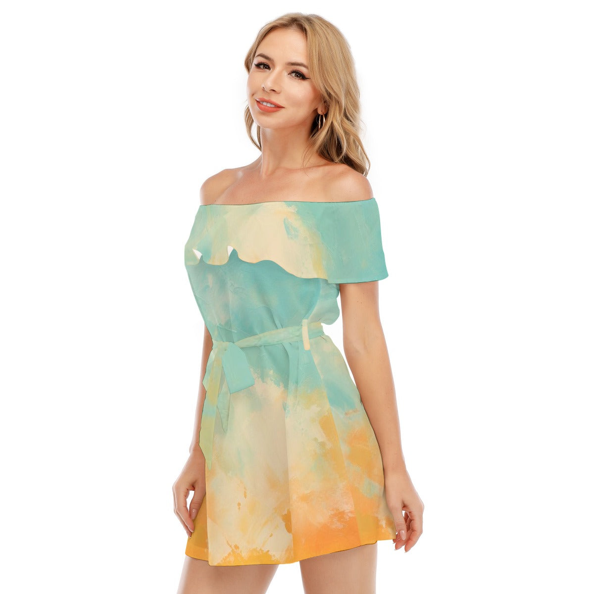 All-Over Print Women's Off-shoulder Dress With Ruffle