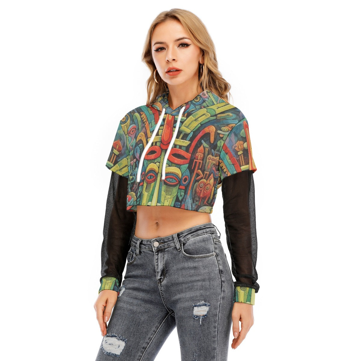 All-Over Print Women's Fake Two-piece Mesh Sleeve Cropped Hoodie