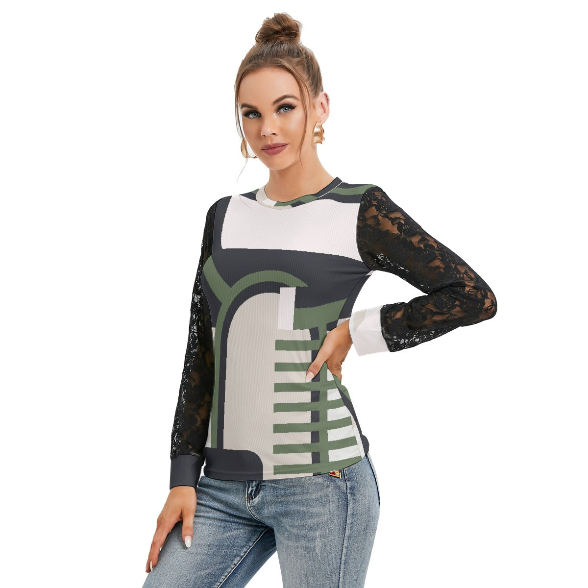 All-Over Print Women's T-shirt And Sleeve With Black Lace