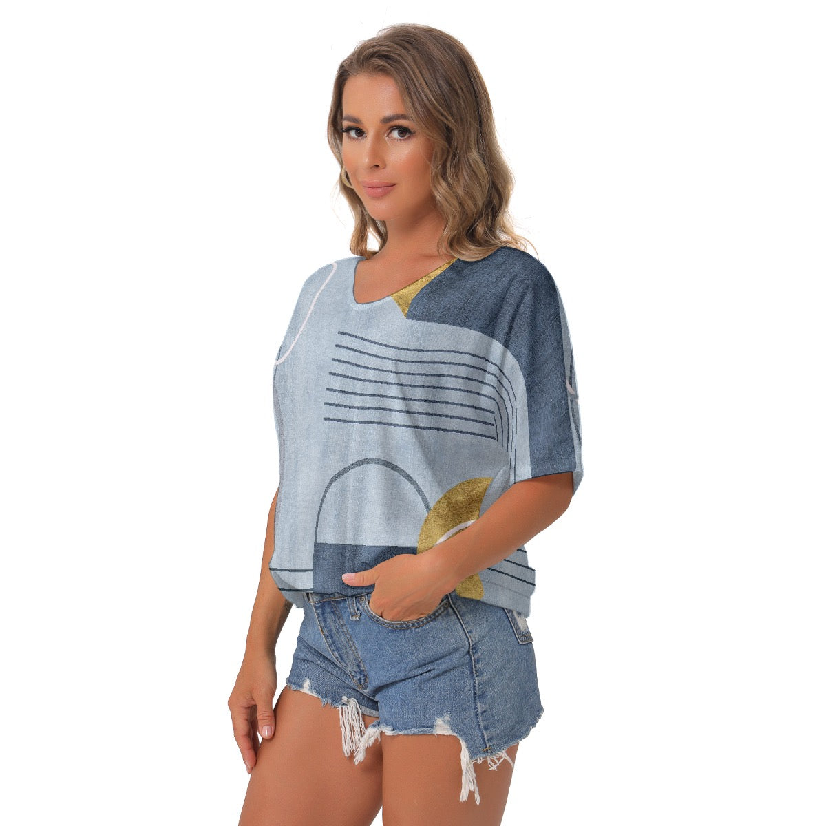 All-Over Print Women's Bat Sleeves V-Neck Blouse