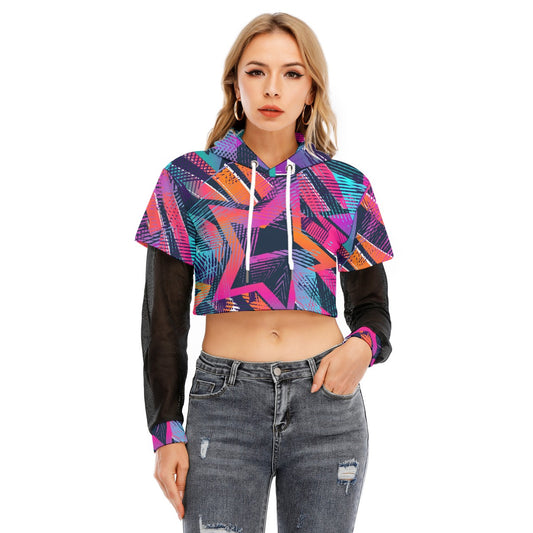 All-Over Print Women's Fake Two-piece Mesh Sleeve Cropped Hoodie