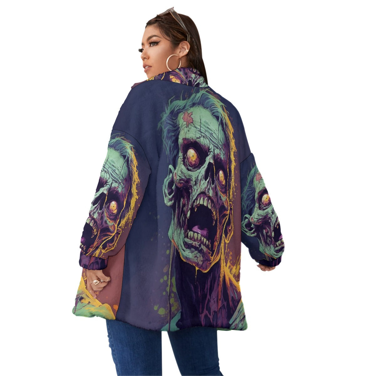 All-Over Print Unisex Borg Fleece Stand-up Collar Coat With Zipper Closure(Plus Size)
