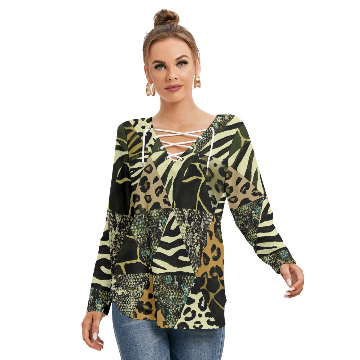All-Over Print Women's Long Sleeve Neckline Tie Sweatshirt