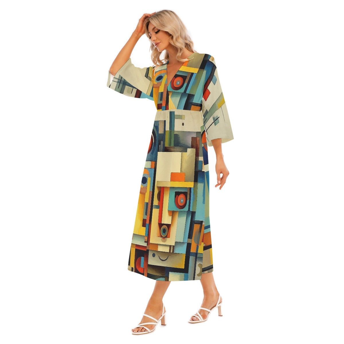 All-Over Print Women's Mid-Sleeve Long Dress