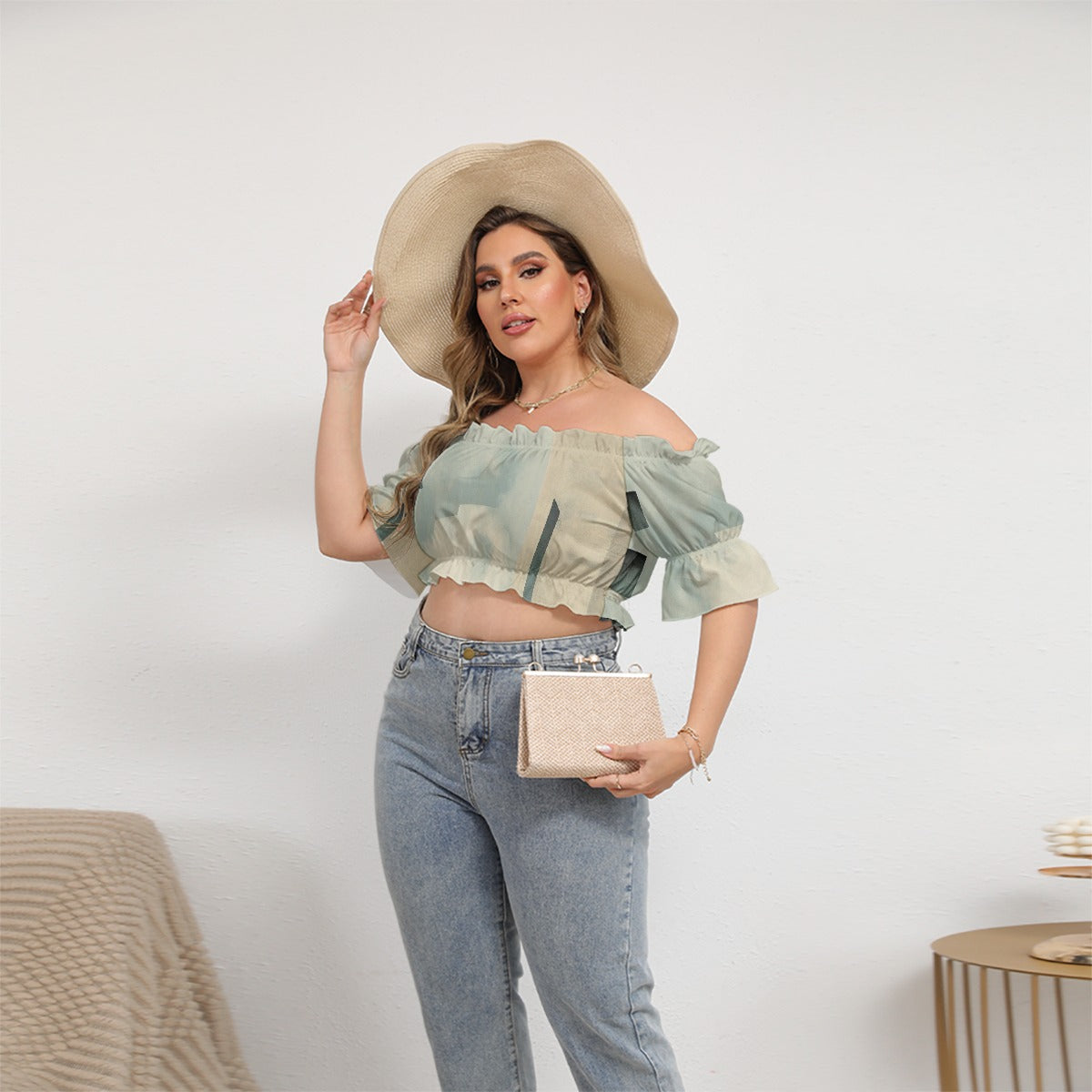 All-Over Print Women's Off-shoulder Cropped Top With Short Puff Sleeve