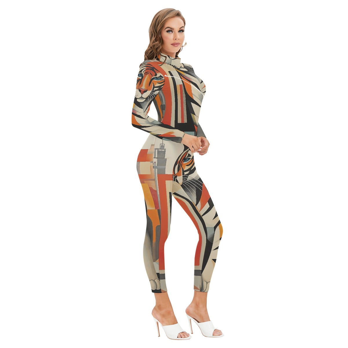 All-Over Print Women's Long-sleeved High-neck Jumpsuit With Zipper