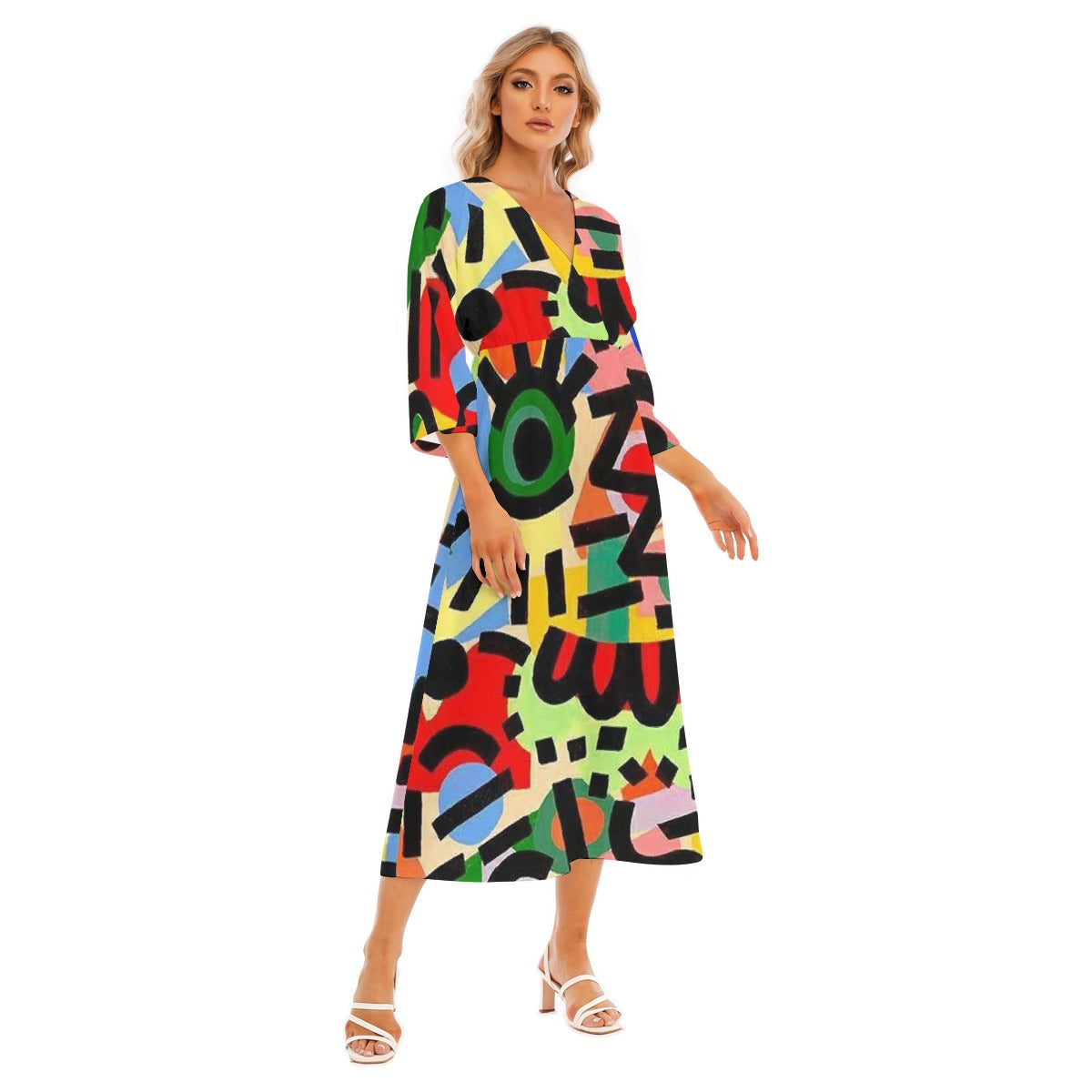 All-Over Print Women's Mid-Sleeve Long Dress