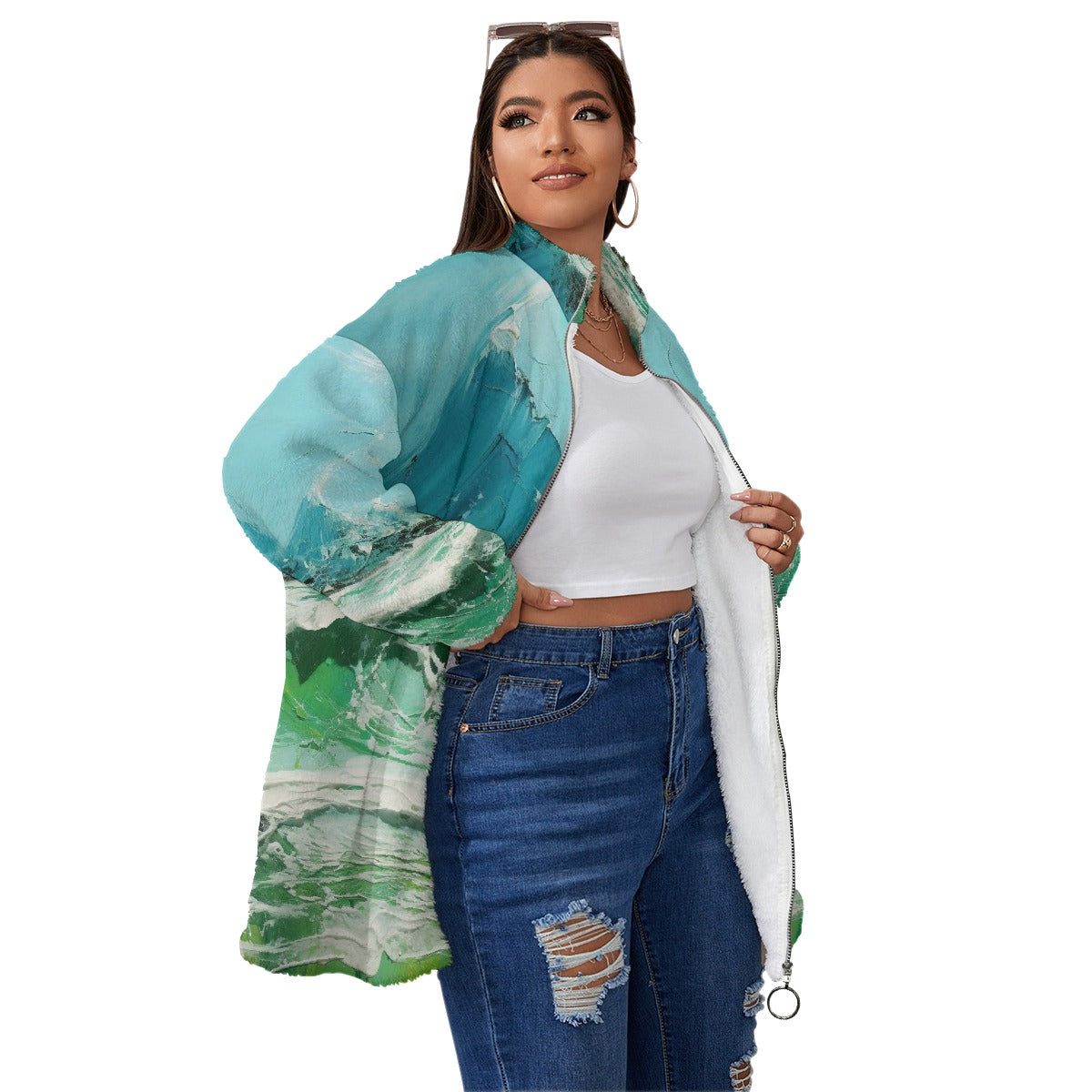 All-Over Print Unisex Borg Fleece Stand-up Collar Coat With Zipper Closure(Plus Size)