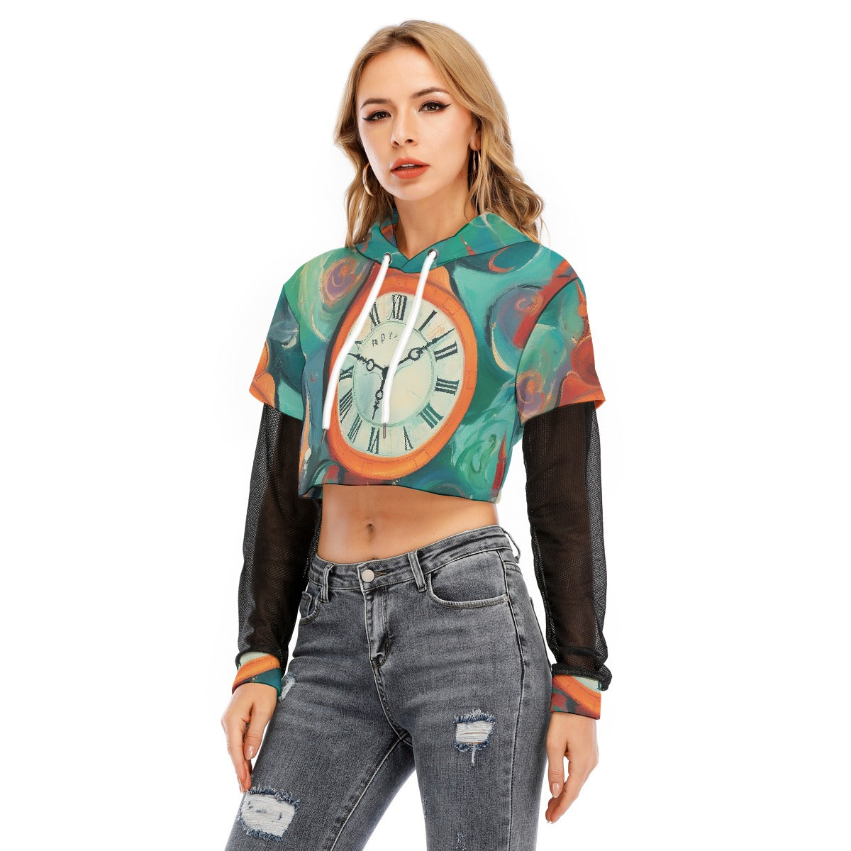 All-Over Print Women's Fake Two-piece Mesh Sleeve Cropped Hoodie