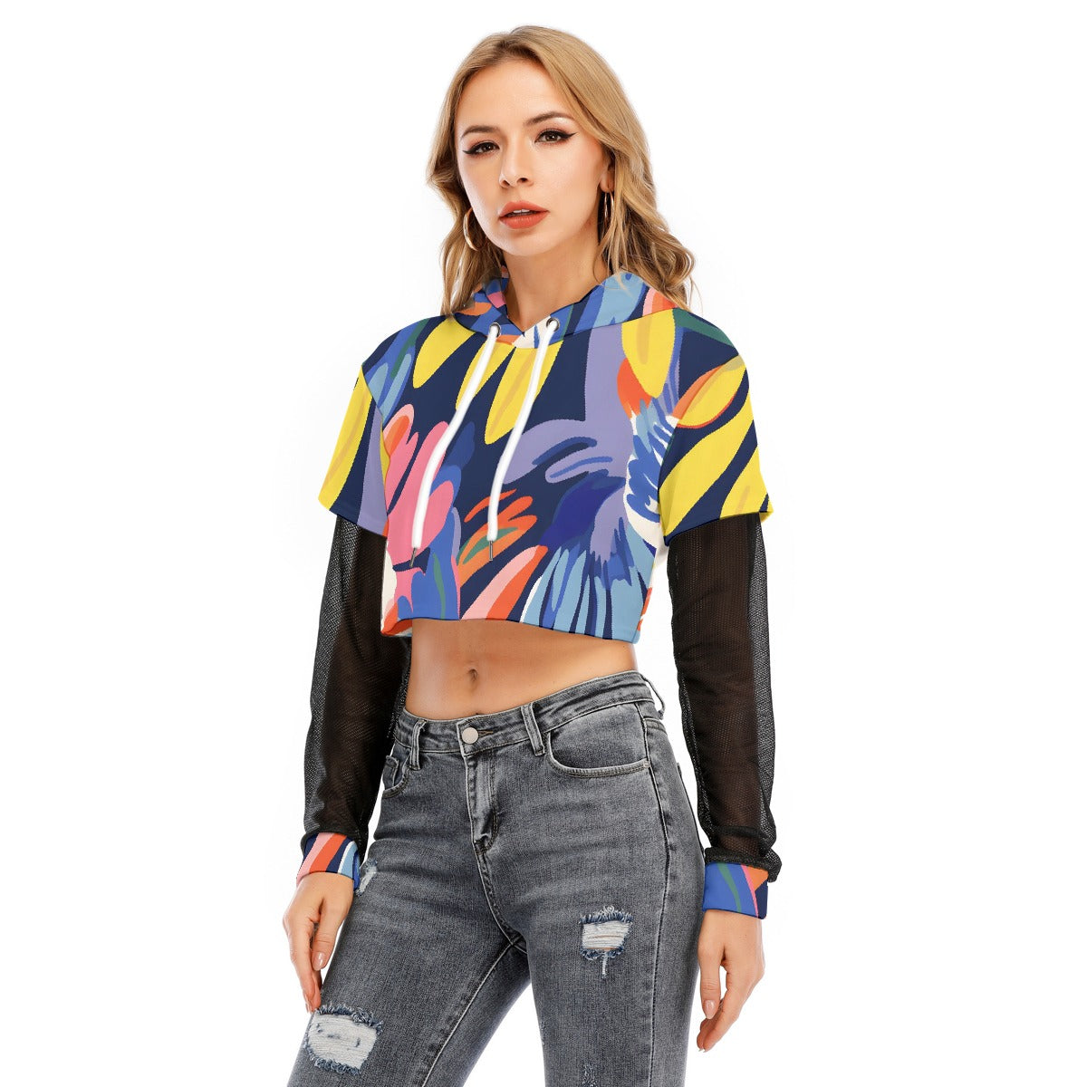 All-Over Print Women's Fake Two-piece Mesh Sleeve Cropped Hoodie