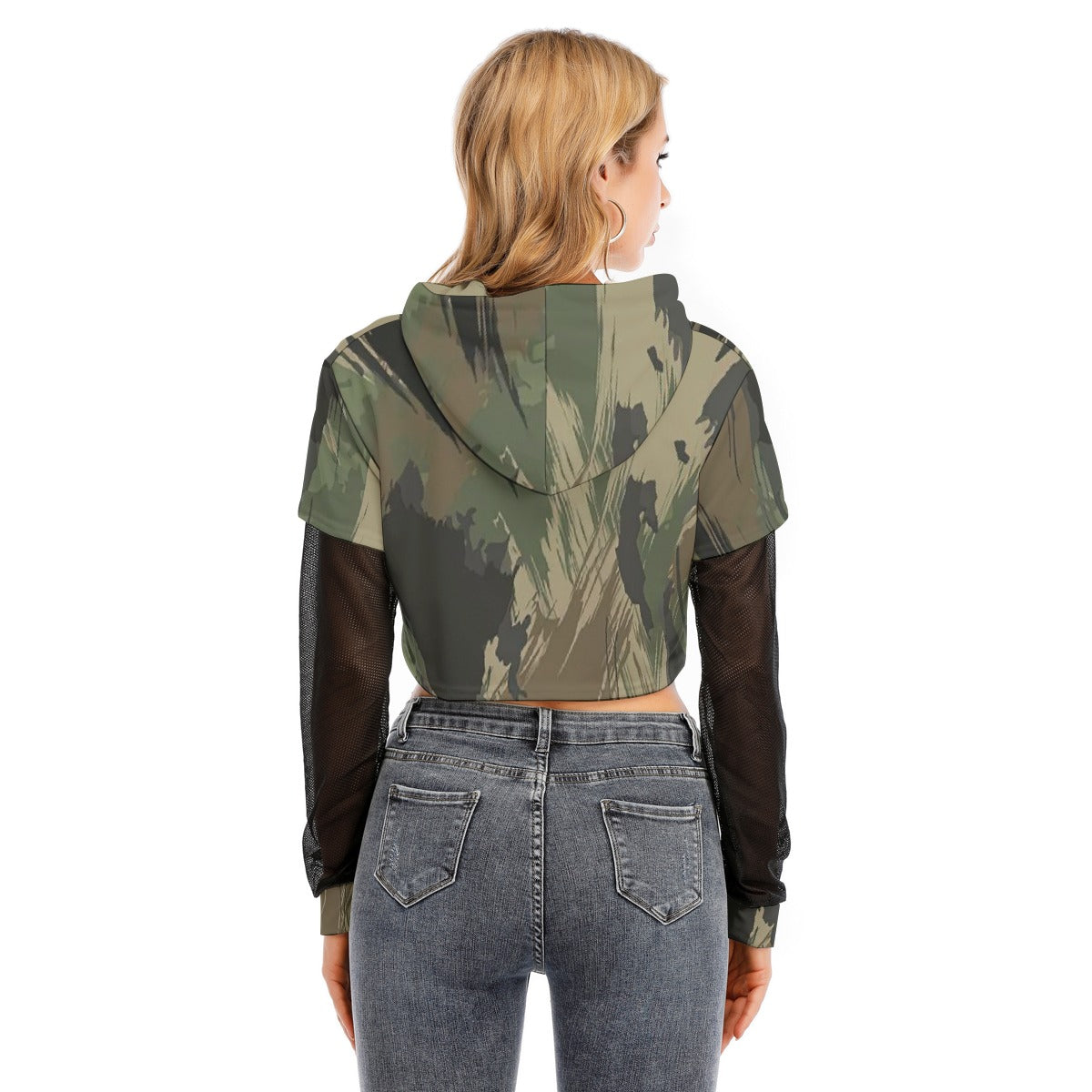 All-Over Print Women's Fake Two-piece Mesh Sleeve Cropped Hoodie