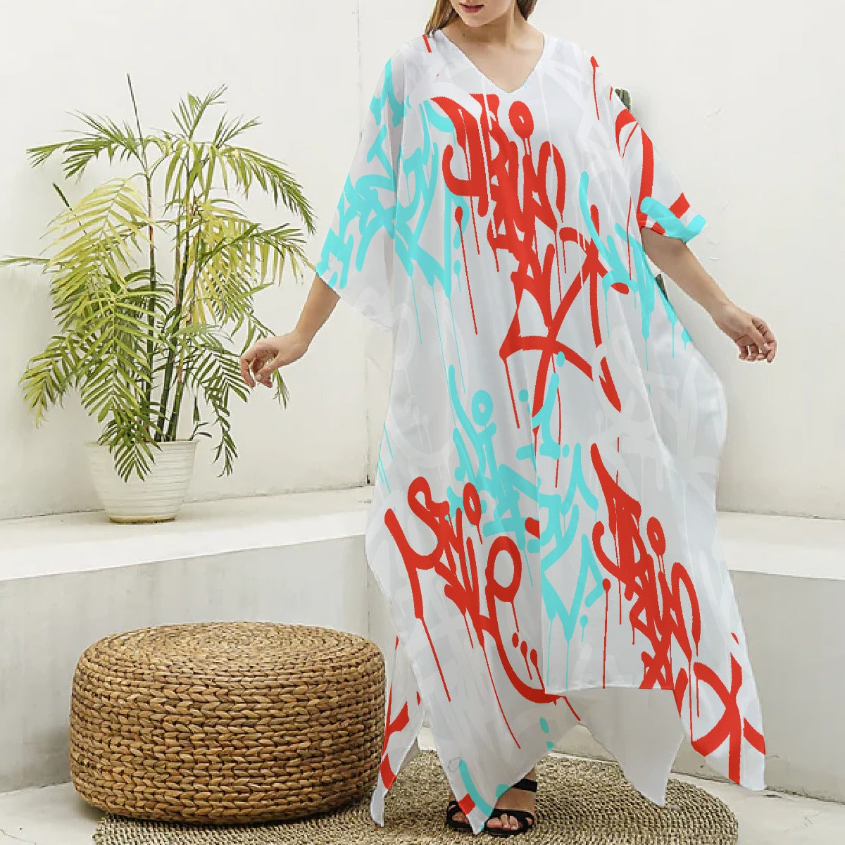 All-Over Print Women's Imitation Silk V-neck Kaftan Robe