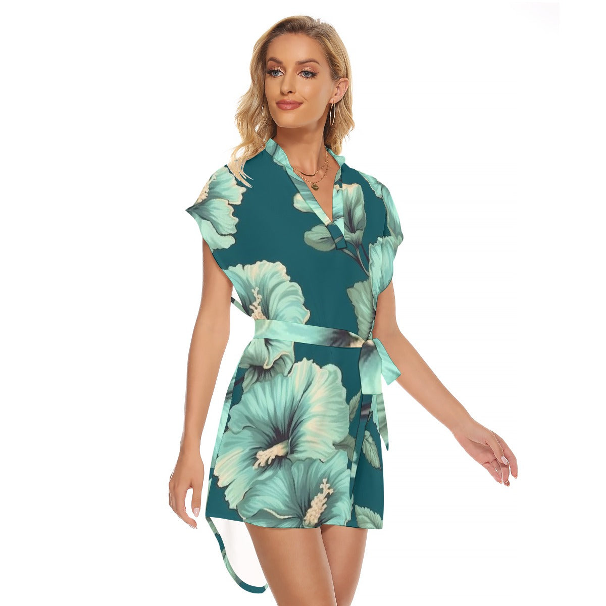 All-Over Print Women's Stand-up Collar Casual Dress With Belt