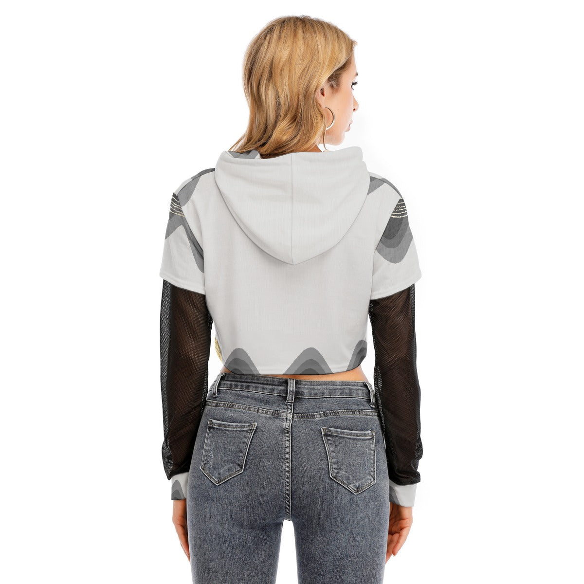 All-Over Print Women's Fake Two-piece Mesh Sleeve Cropped Hoodie
