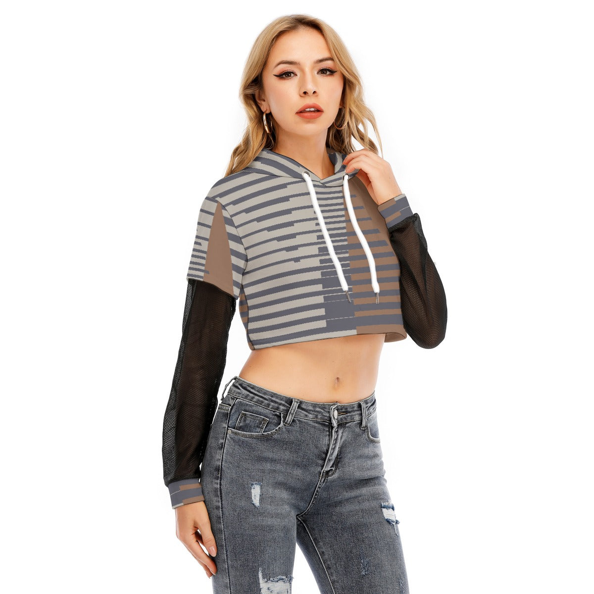 All-Over Print Women's Fake Two-piece Mesh Sleeve Cropped Hoodie