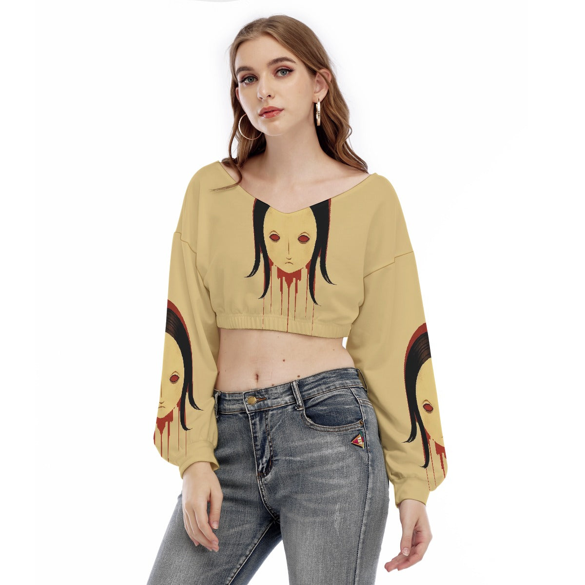 All-Over Print Women's V-neck Long Sleeve Cropped Sweatshirt