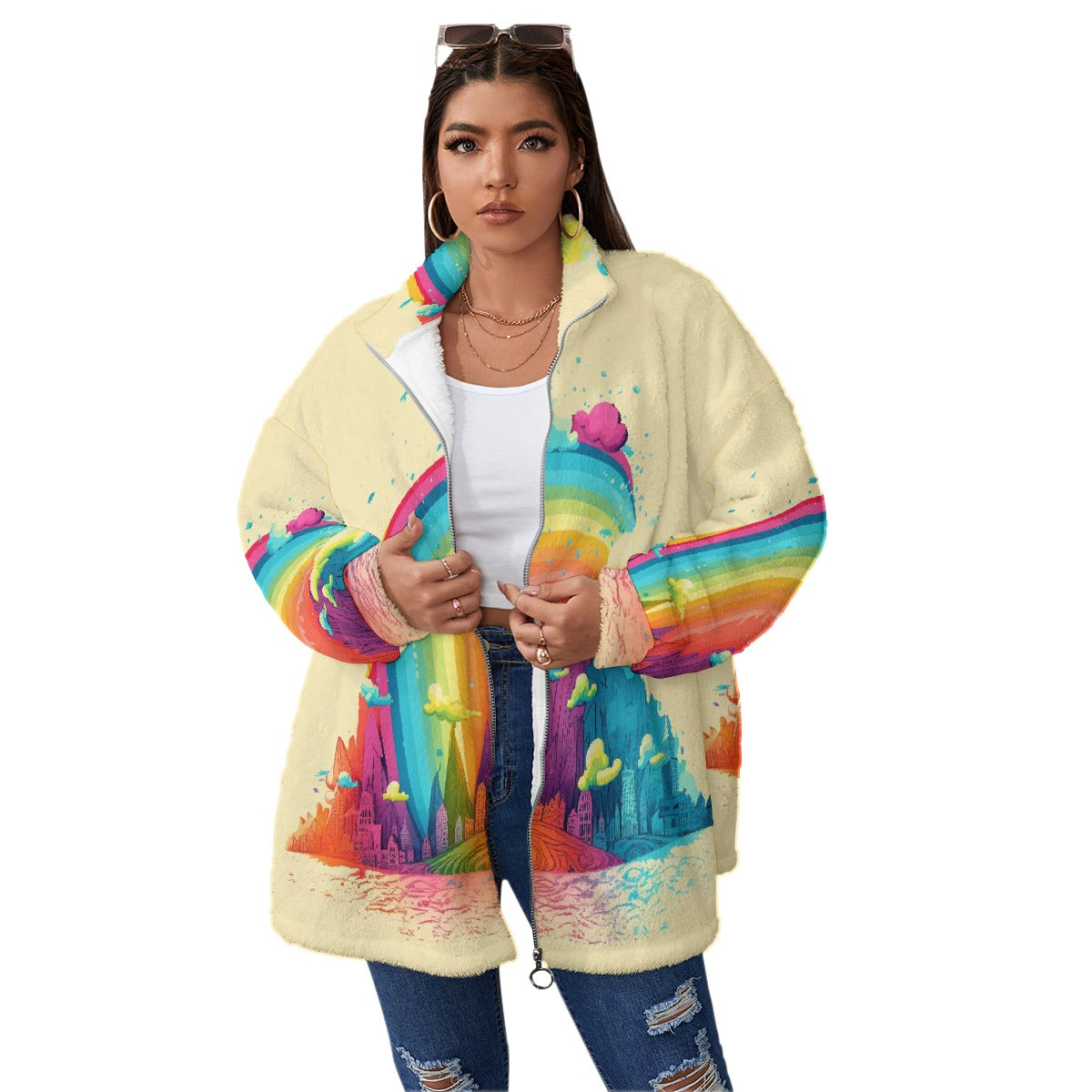 All-Over Print Unisex Borg Fleece Stand-up Collar Coat With Zipper Closure(Plus Size)