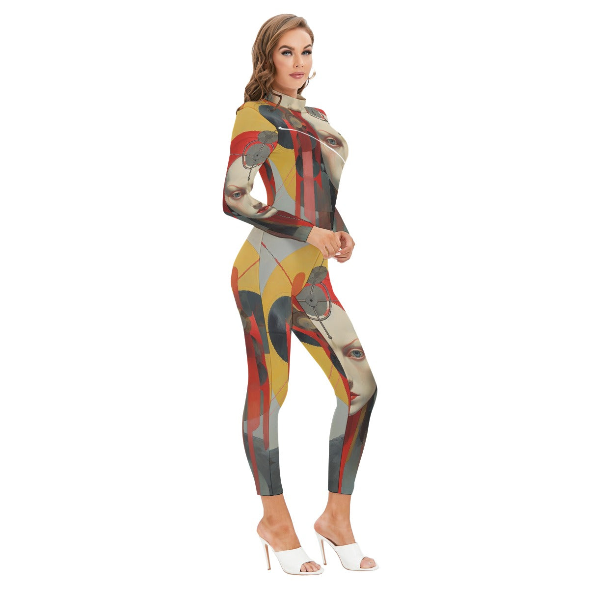 All-Over Print Women's Long-sleeved High-neck Jumpsuit With Zipper