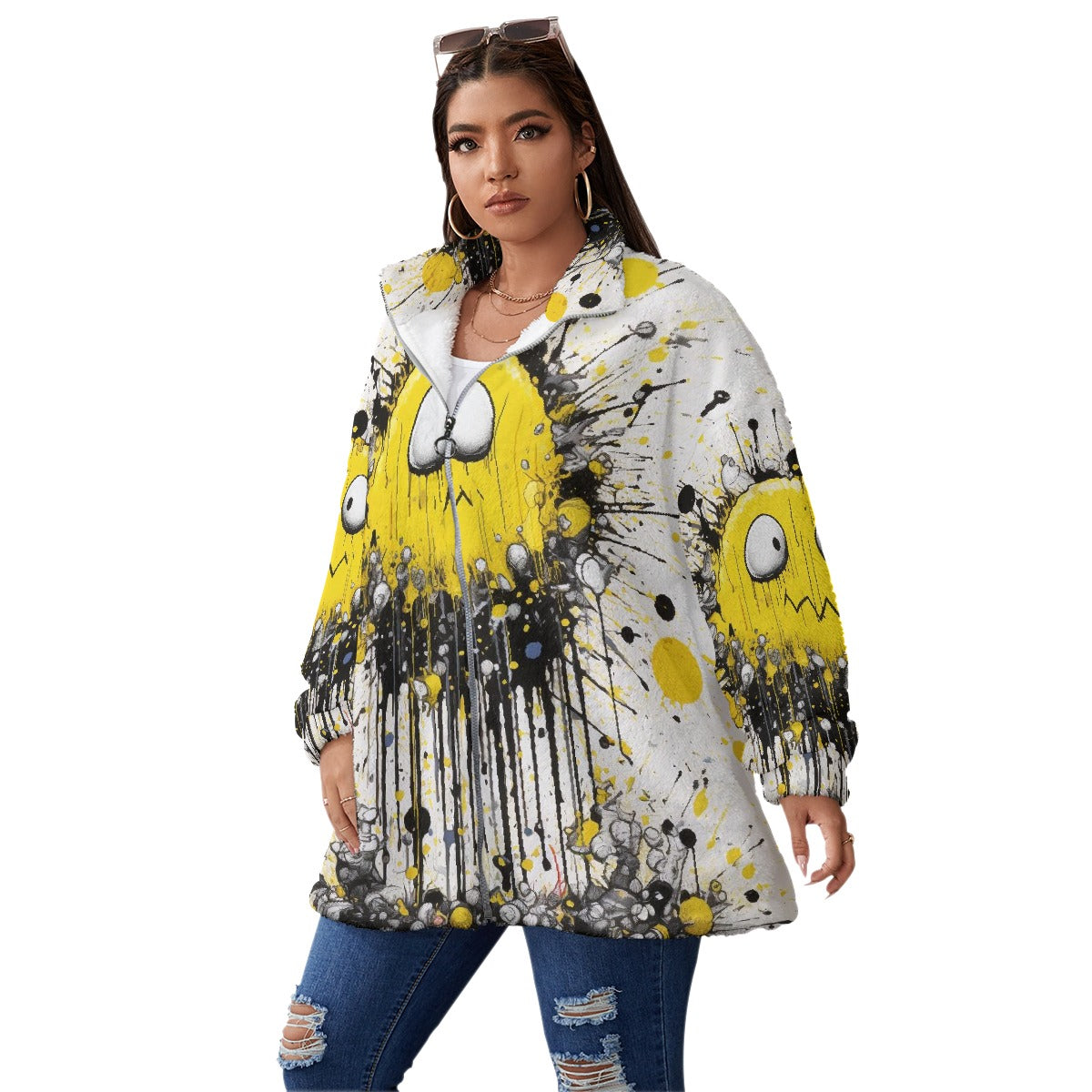 All-Over Print Unisex Borg Fleece Stand-up Collar Coat With Zipper Closure(Plus Size)