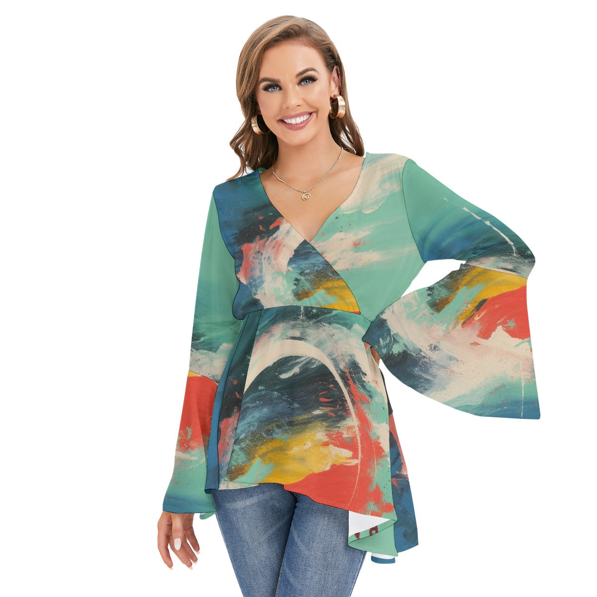 All-Over Print Women's V-neck Blouse With Flared Sleeves