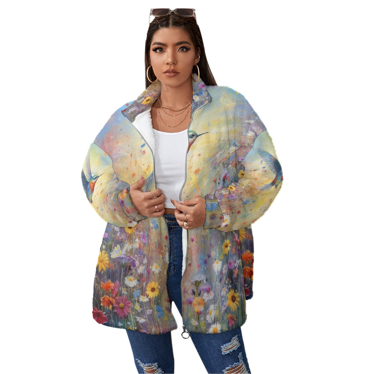 All-Over Print Unisex Borg Fleece Stand-up Collar Coat With Zipper Closure(Plus Size)