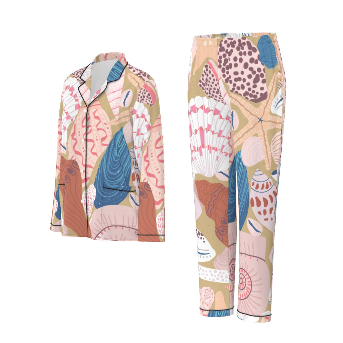 All-Over Print Women's Long Sleeve Pajama Set With Black Contrast Piping