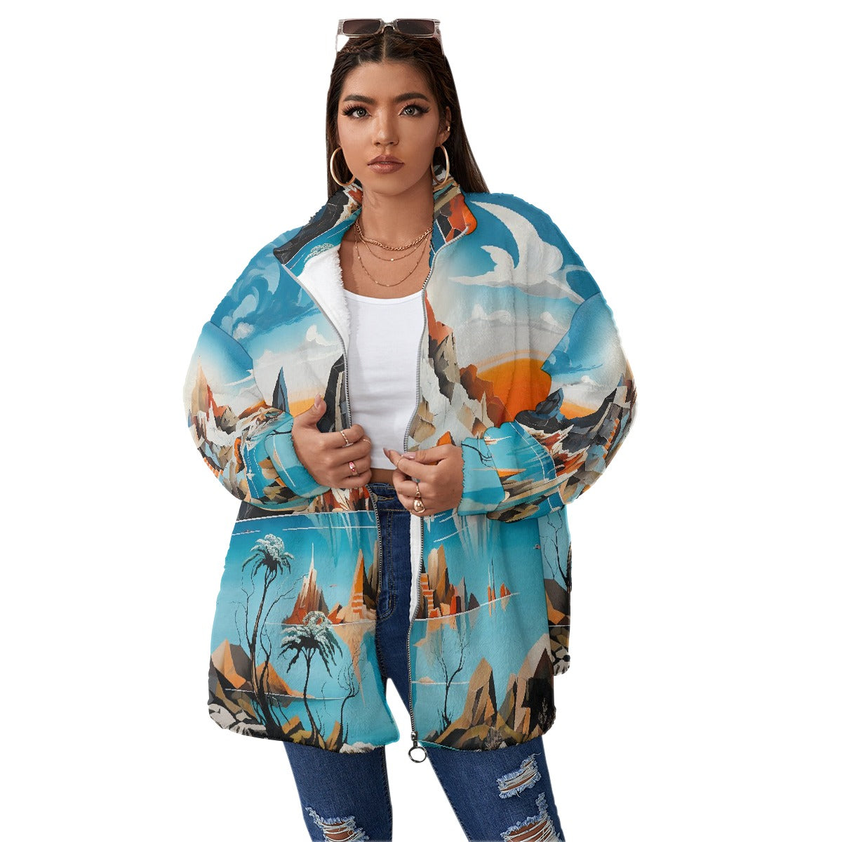 All-Over Print Unisex Borg Fleece Stand-up Collar Coat With Zipper Closure(Plus Size)