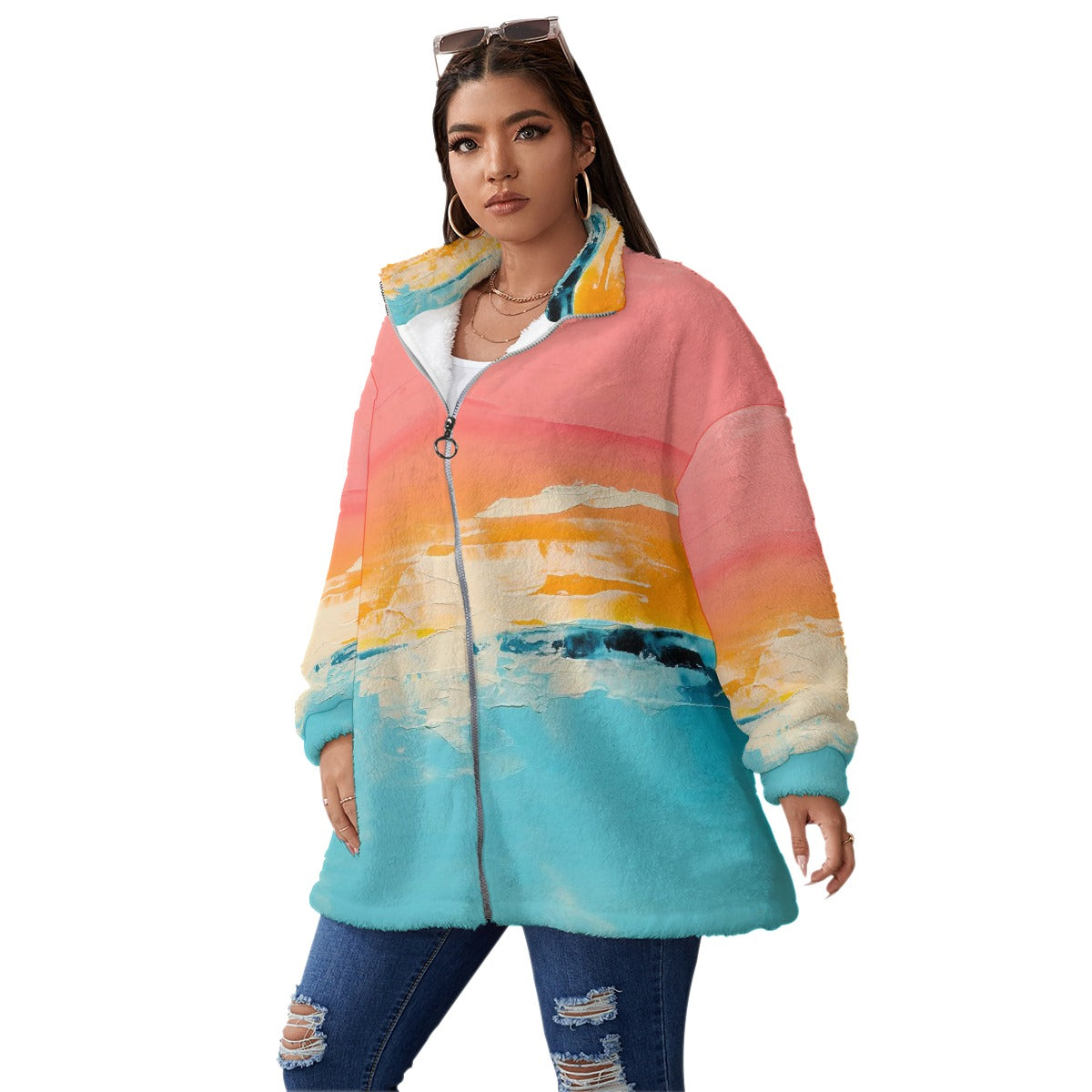 All-Over Print Unisex Borg Fleece Stand-up Collar Coat With Zipper Closure(Plus Size)