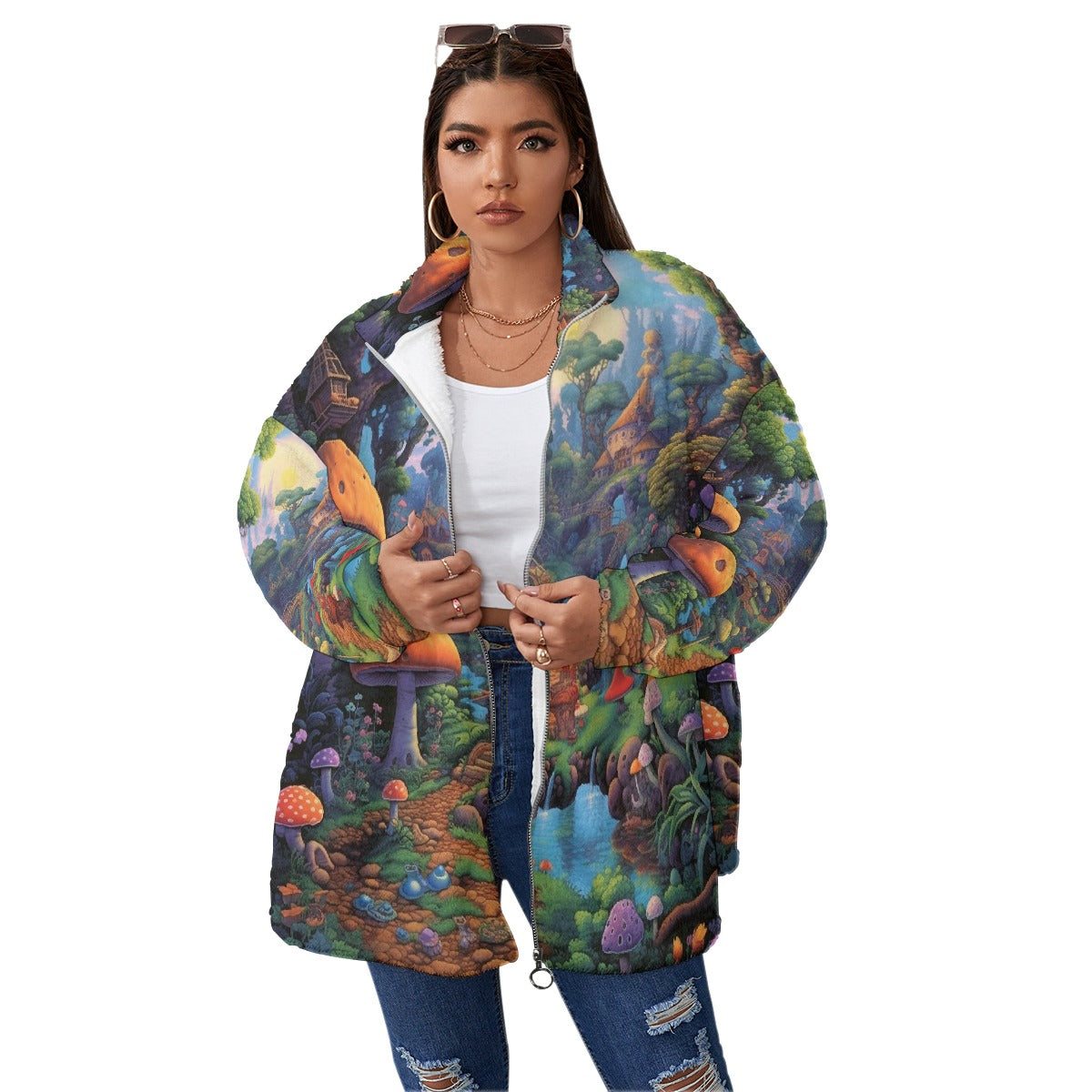 All-Over Print Unisex Borg Fleece Stand-up Collar Coat With Zipper Closure(Plus Size)