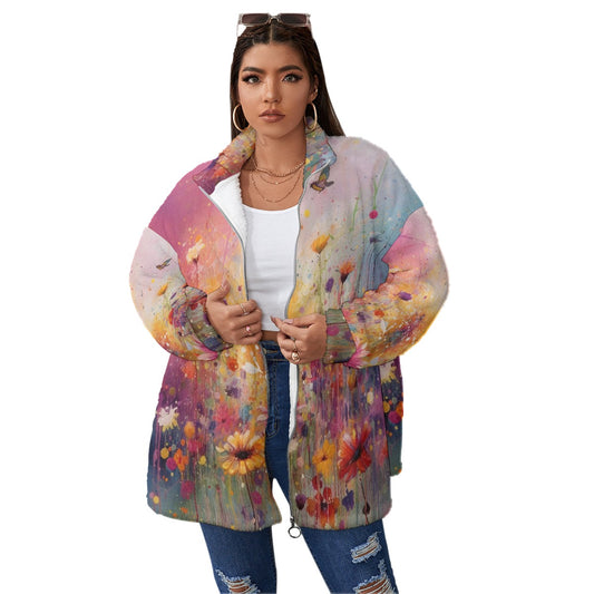 All-Over Print Unisex Borg Fleece Stand-up Collar Coat With Zipper Closure(Plus Size)