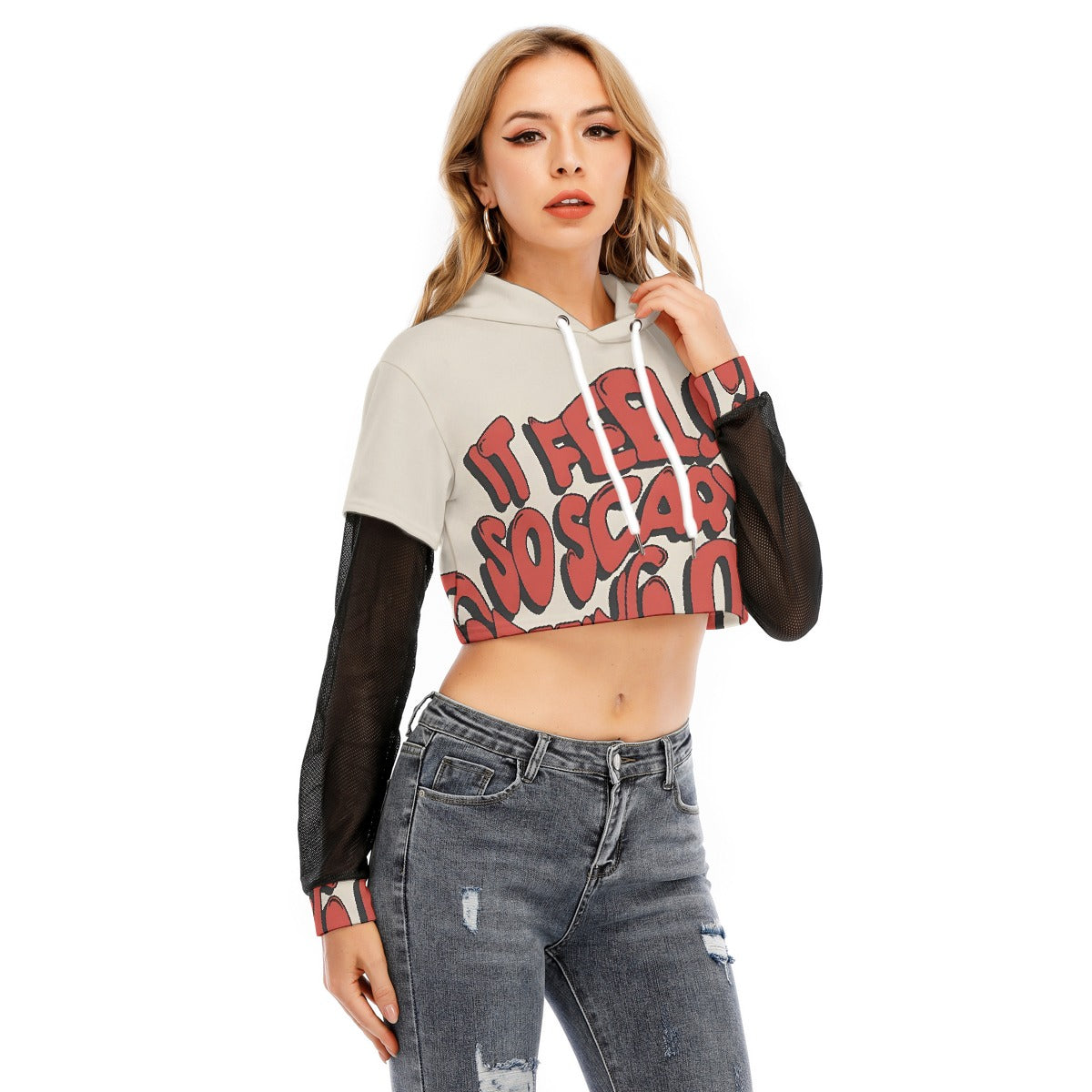 All-Over Print Women's Fake Two-piece Mesh Sleeve Cropped Hoodie