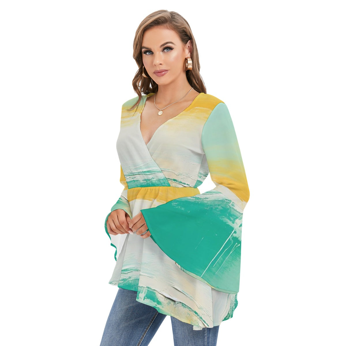 All-Over Print Women's V-neck Blouse With Flared Sleeves