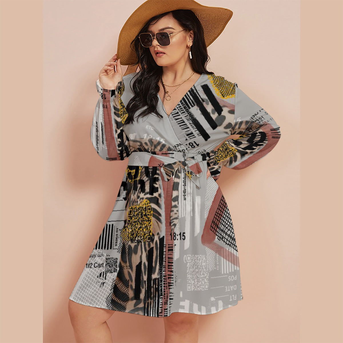 All-Over Print Women's V-neck Dress With Waistband(Plus Size)