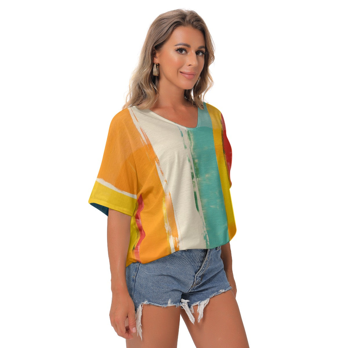 All-Over Print Women's Bat Sleeves V-Neck Blouse