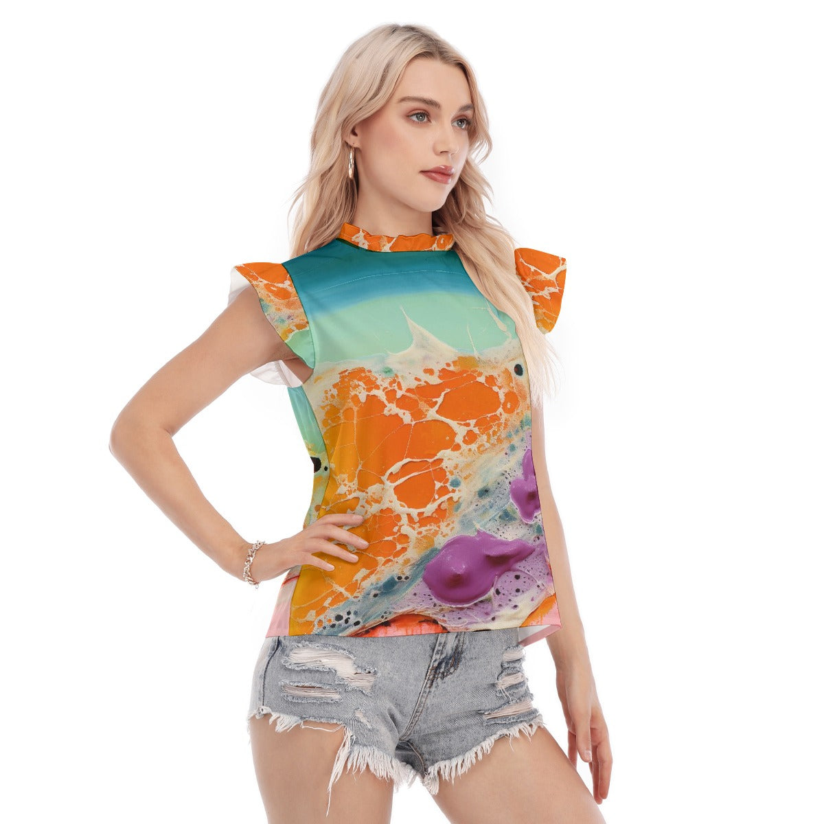 All-Over Print Women's Blouse With Ruffle Collar And Sleeve