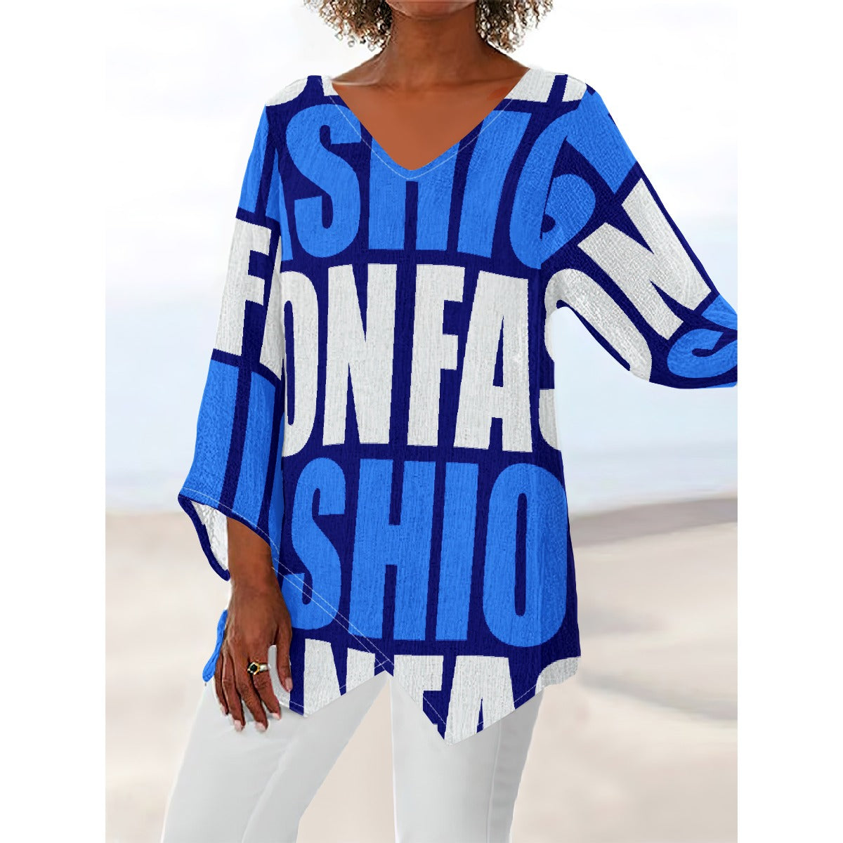 All-Over Print Women's V-neck T-shirt With Irregular Hem