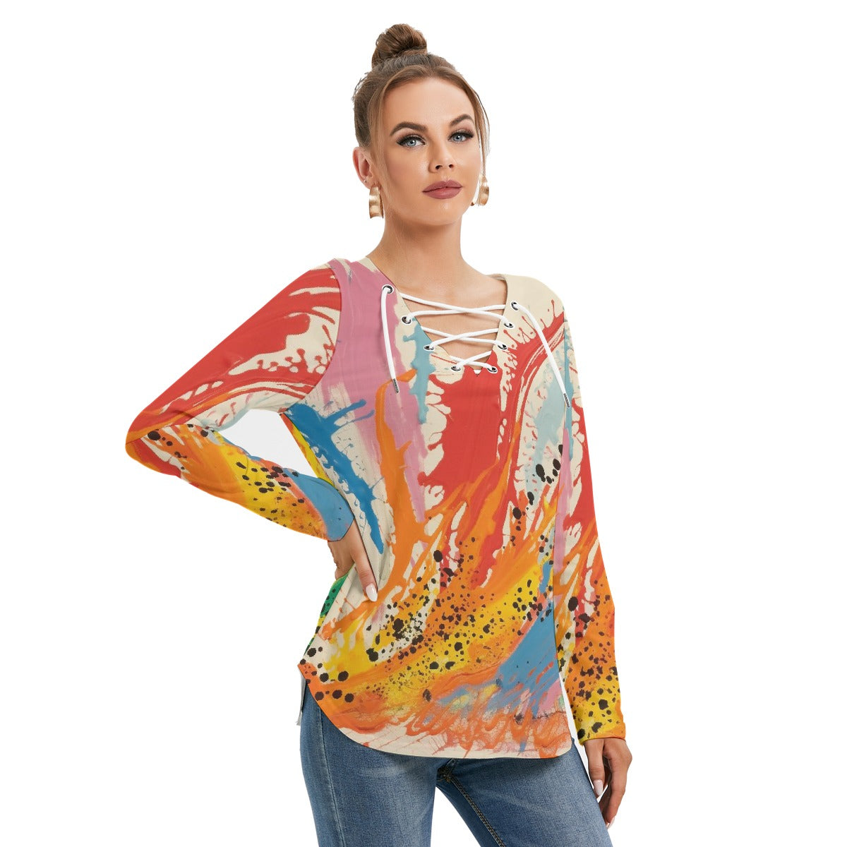 All-Over Print Women's Long Sleeve Neckline Tie Sweatshirt